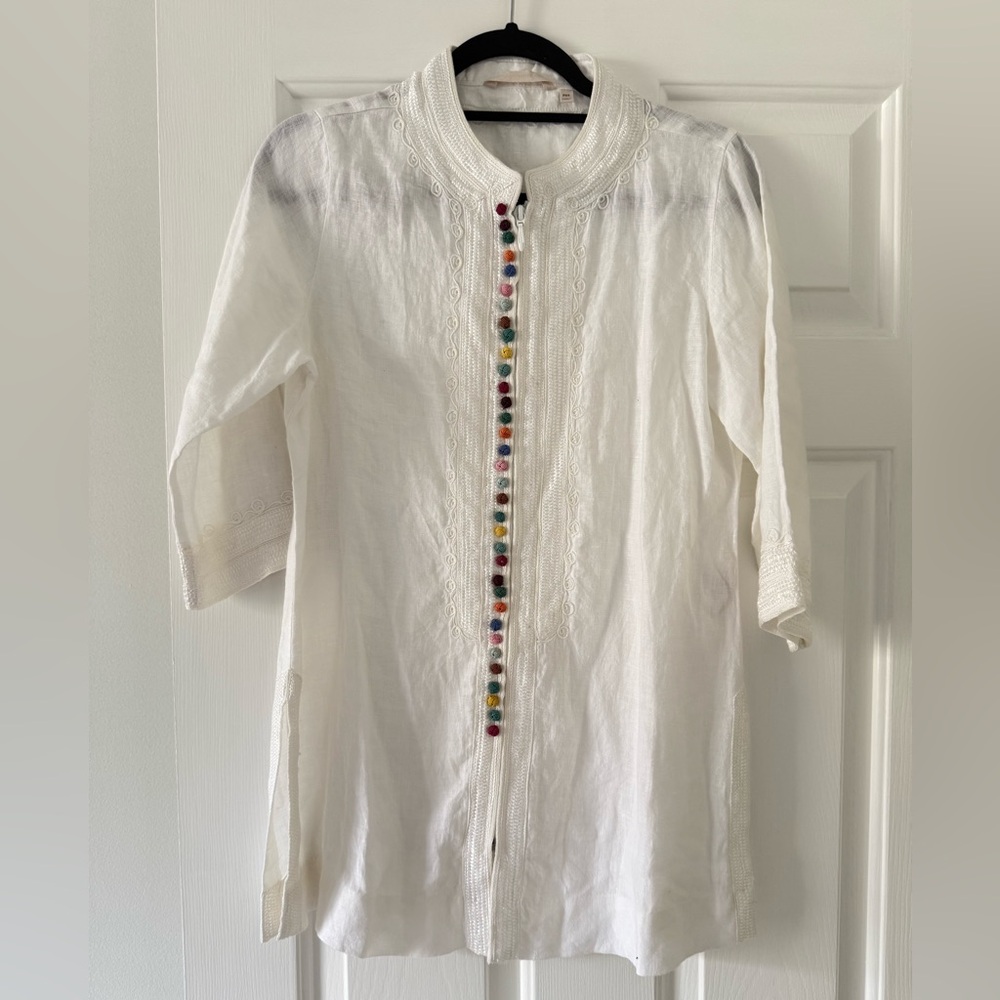 Soft surroundings white linen lacy desert tunic colorful buttons size PXS